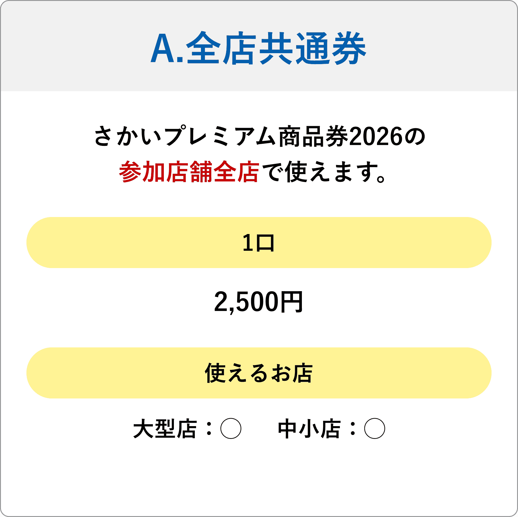 A.全店共通券 さかいプレミアム商品券2026の対象店舗全店で使えます。1口2,500円 使えるお店 大型店：◯ 中小店：◯